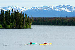 Red and a blue sea kayaks are paddled across the water.